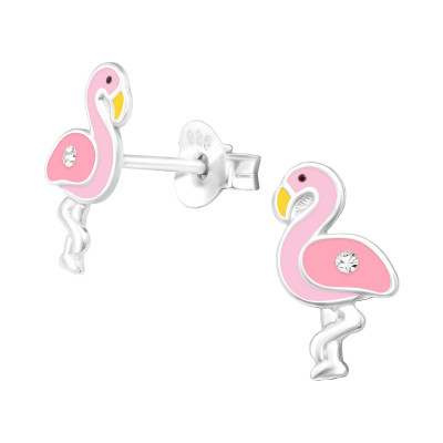 Children's Silver Flamingo Ear Studs with Crystal and Epoxy