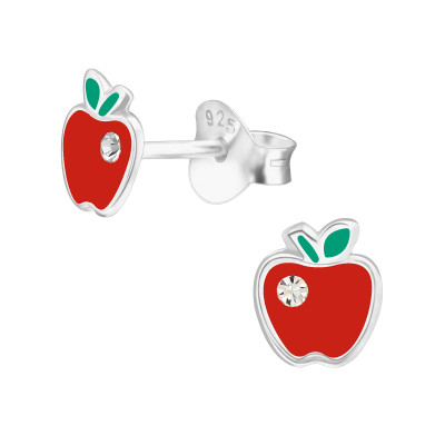 Children's Silver Apple Ear Studs with Crystal and Epoxy