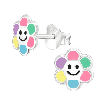 Children's Silver Flower Ear Studs with Epoxy