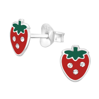 Children's Silver Strawberry Ear Studs with Crystal and Epoxy