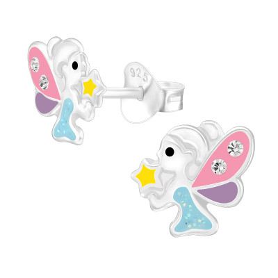 Children's Silver Fairy Ear Studs with Crystal and Epoxy