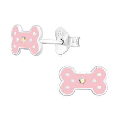 Children's Silver Bone Ear Studs with Crystal and Epoxy