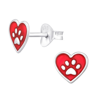 Children's Silver Heart and Paw Print Ear Studs with Epoxy