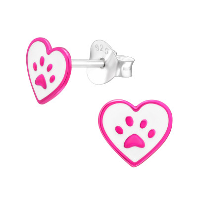 Children's Silver Heart and Paw Print Ear Studs with Epoxy