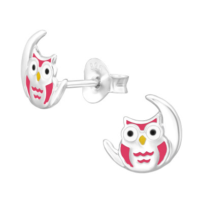 Children's Silver Owl Ear Studs with Epoxy