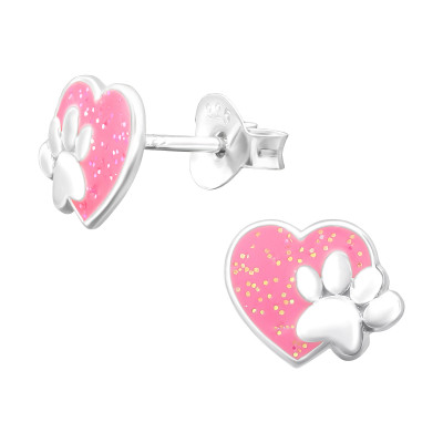 Children's Silver Heart and Paw Print Ear Studs with Epoxy