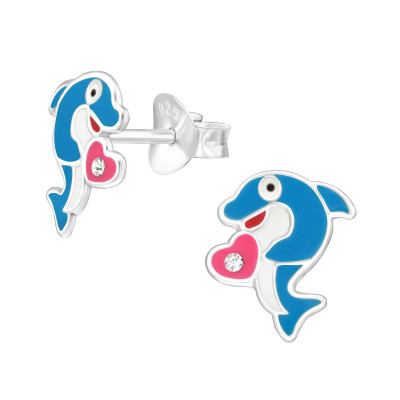 Children's Silver Shark Ear Studs with Crystal and Epoxy