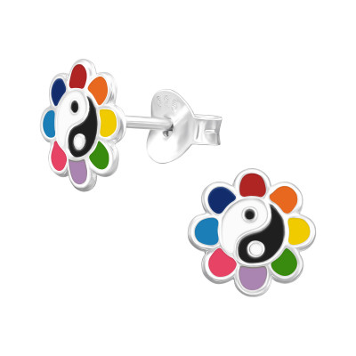 Children's Silver Yin-Yang Flower Ear Studs with Epoxy