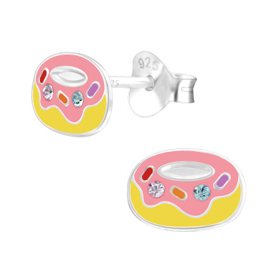 Children's Silver Donut Ear Studs with Crystal and Epoxy