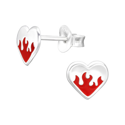 Children's Silver Flaming Heart Ear Studs with Epoxy