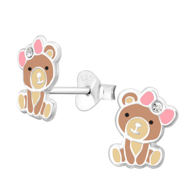 Children's Silver Bear Ear Studs with Crystal and Epoxy