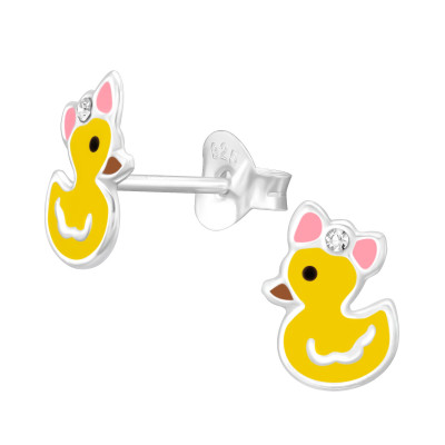 Children's Silver Duck Ear Studs with Crystal and Epoxy