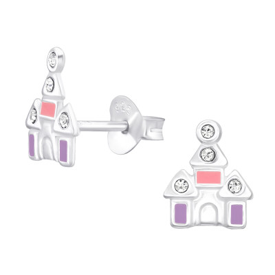 Children's Silver Castle Ear Studs with Crystal and Epoxy