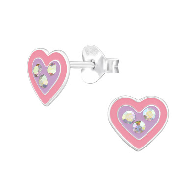 Heart Children's Sterling Silver Ear Studs with Crystal and Epoxy