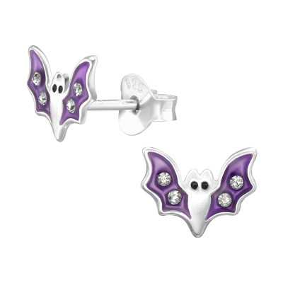 Children's Silver Bat Ear Studs with Crystal and Epoxy