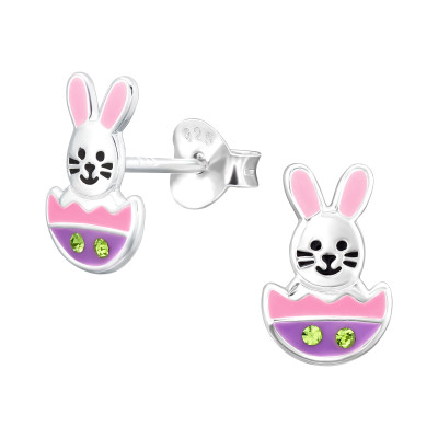 Children's Silver Rabbit Ear Studs with Crystal and Epoxy