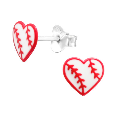 Children's Silver Baseball Heart Ear Studs with Epoxy