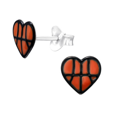 Children's Silver Basketball Heart Ear Studs with Epoxy