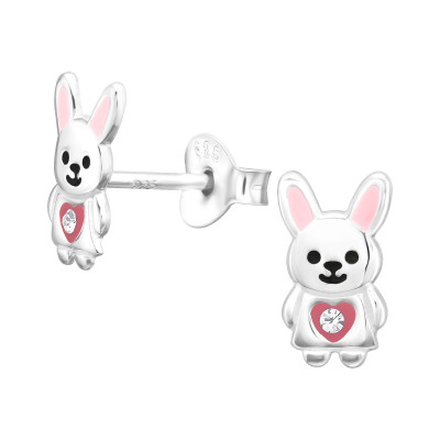 Children's Silver Rabbit Ear Studs with Crystal and Epoxy