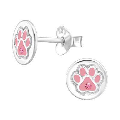 Children's Silver Paw Print Ear Studs with Crystal and Epoxy