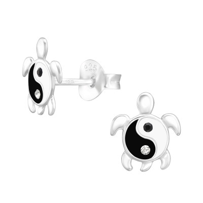 Children's Silver Yin and Yang Turtle Ear Studs with Crystal and Epoxy