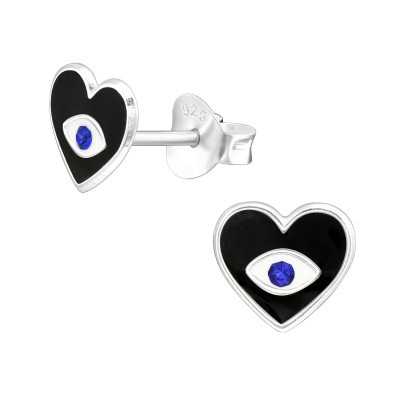 Children's Silver Heart Ear Studs with Crystal and Epoxy