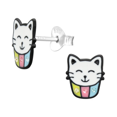 Children's Silver Cat Ear Studs with Crystal and Epoxy