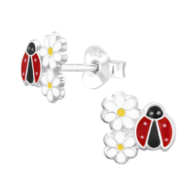 Children's Silver Ladybug Ear Studs with Epoxy