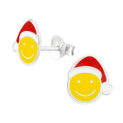 Children's Silver Santa Smiley Face Ear Studs with Epoxy