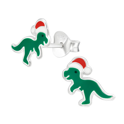 Children's Silver Santa Dinosaur Ear Studs with Epoxy