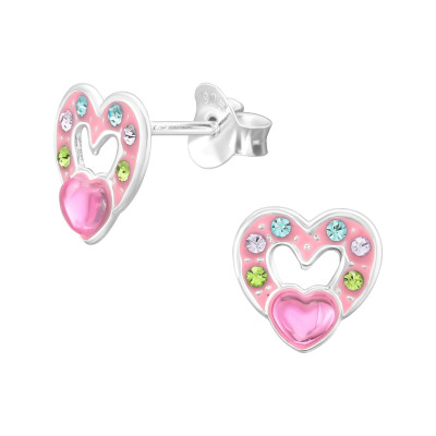 Children's Silver Heart Ear Studs with Crystal,Plastic and Epoxy