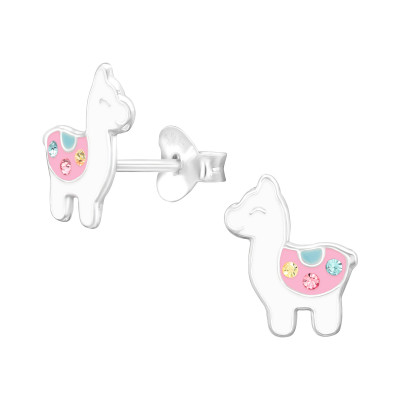 Children's Silver Alpaca Ear Studs with Crystal and Epoxy