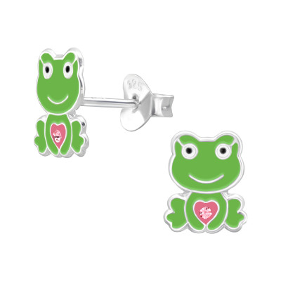 Children's Silver Frog Ear Studs with Crystal and Epoxy