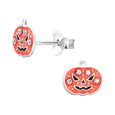 Children's Silver Pumpkin Ear Studs with Crystal and Epoxy