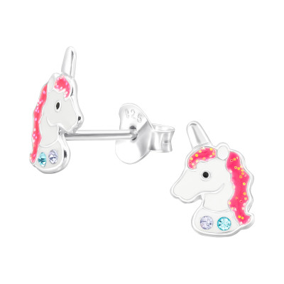 Children's Silver Unicorn Ear Studs with Crystal and Epoxy