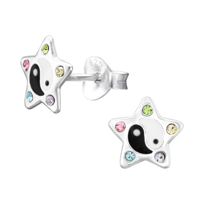 Yin Yang Children's Sterling Silver Ear Studs with Crystal and Epoxy