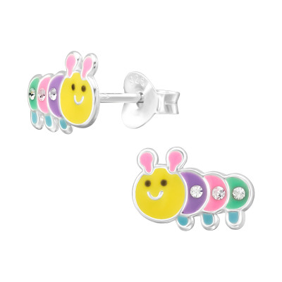 Children's Silver Caterpillar Ear Studs with Crystal and Epoxy