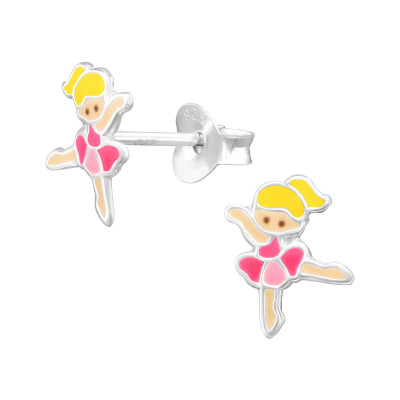 Children's Silver Ballerina Ear Studs with Epoxy