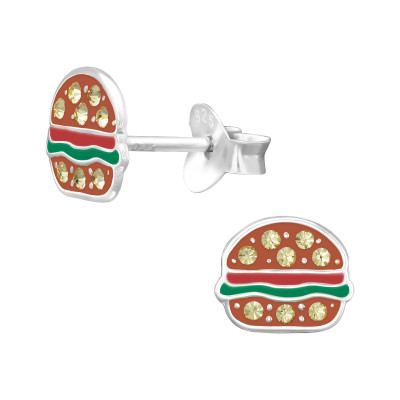 Children's Silver Burger Ear Studs with Crystal and Epoxy