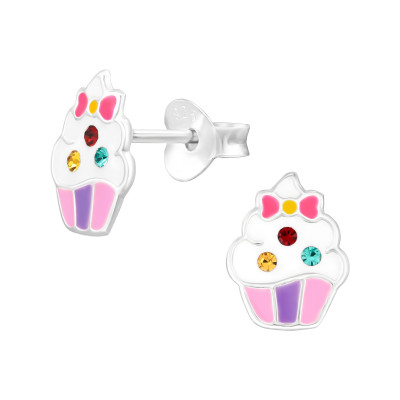 Cupcake Children's Sterling Silver Ear Studs with Crystal and Epoxy