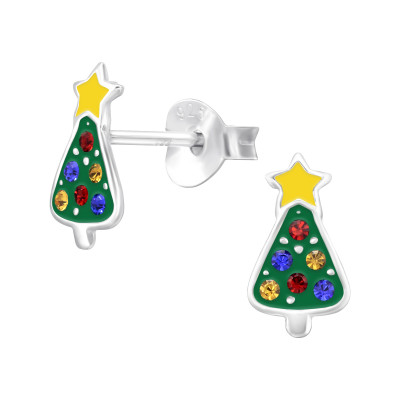 Christmas Tree Children's Sterling Silver Ear Studs with Crystal and Epoxy