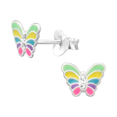 Children's Silver Butterfly Ear Studs with Crystal and Epoxy