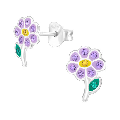 Flower Children's Sterling Silver Ear Studs with Crystal