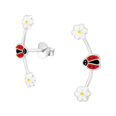 Children's Silver Lady Bug and Daisies Ear Studs with Epoxy