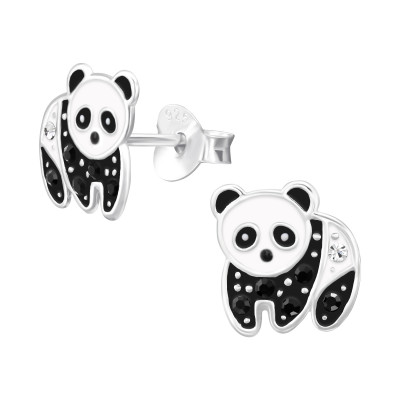 Panda Children's Sterling Silver Ear Studs with Crystal and Epoxy