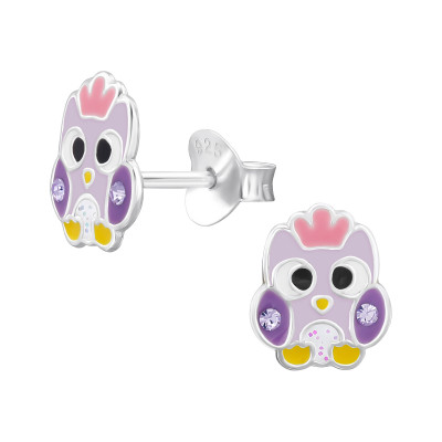 Owl Children's Sterling Silver Ear Studs with Crystal and Epoxy