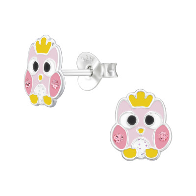 Owl Children's Sterling Silver Ear Studs with Crystal and Epoxy