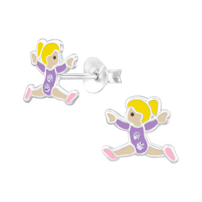 Children's Silver Ballet Dancer Ear Studs with Crystal and Epoxy