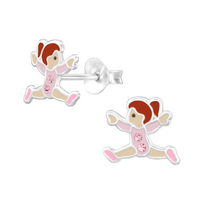 Children's Silver Ballet Dancer Ear Studs with Crystal and Epoxy