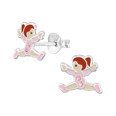 Children's Silver Ballet Dancer Ear Studs with Crystal and Epoxy